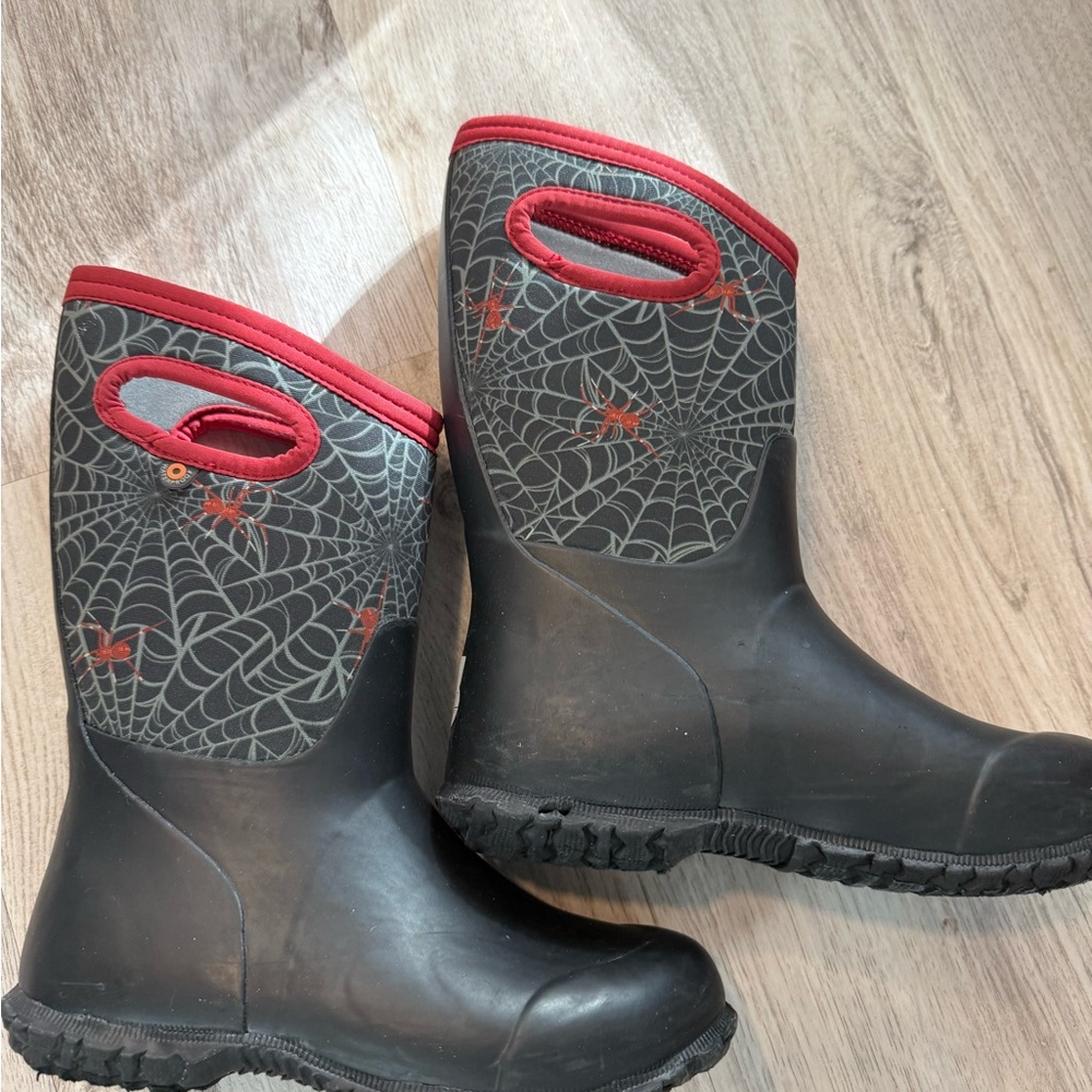 Bogs Kids Rain Boots - Black and Red Spider Web Design